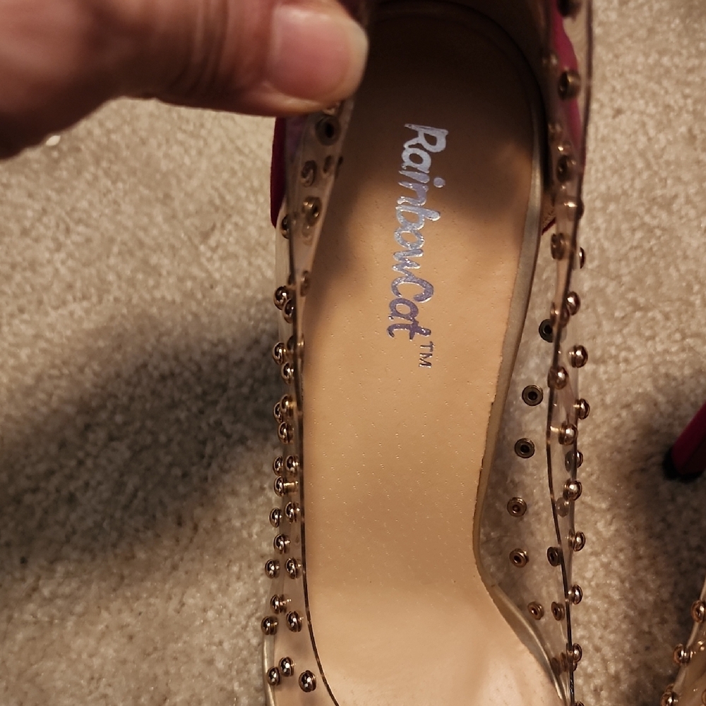 Pink and Orange Studded Heels with Transparent Design - Picture 2 of 5